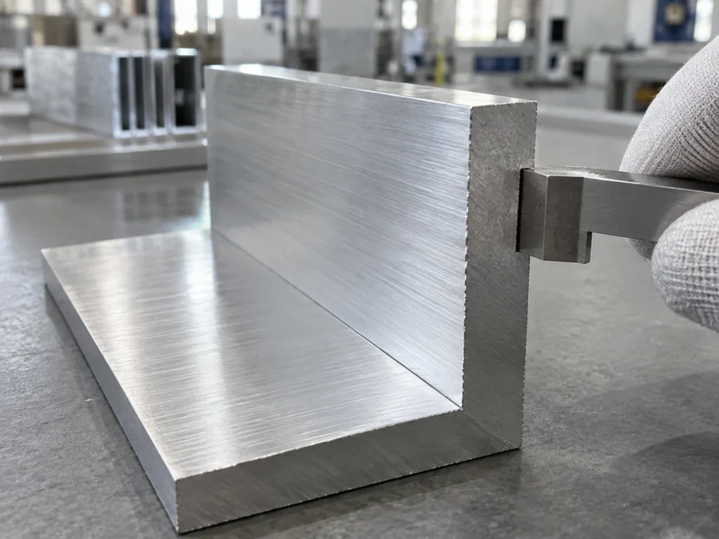 Inspection probe beside an L-shaped metal sample on a work surface.