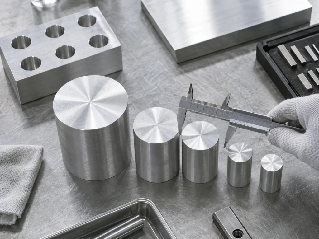 Five cylindrical metal samples beside a flat blank, a drilled block and a caliper.