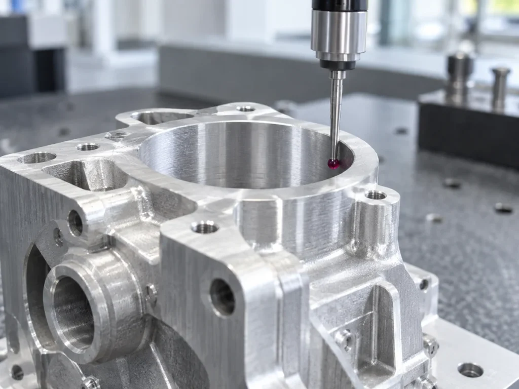 A probe with a red tip positioned inside a large bore in a machined aluminum housing.