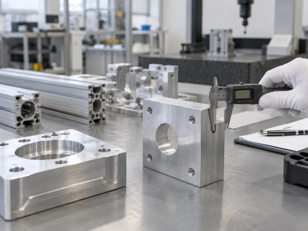 Bored aluminum blocks and a caliper on a component review bench