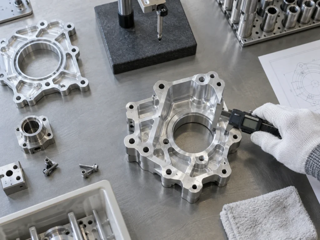 Gloved hand holding a digital caliper beside a machined aluminum housing with a large circular opening, with measuring equipment and smaller parts around it.