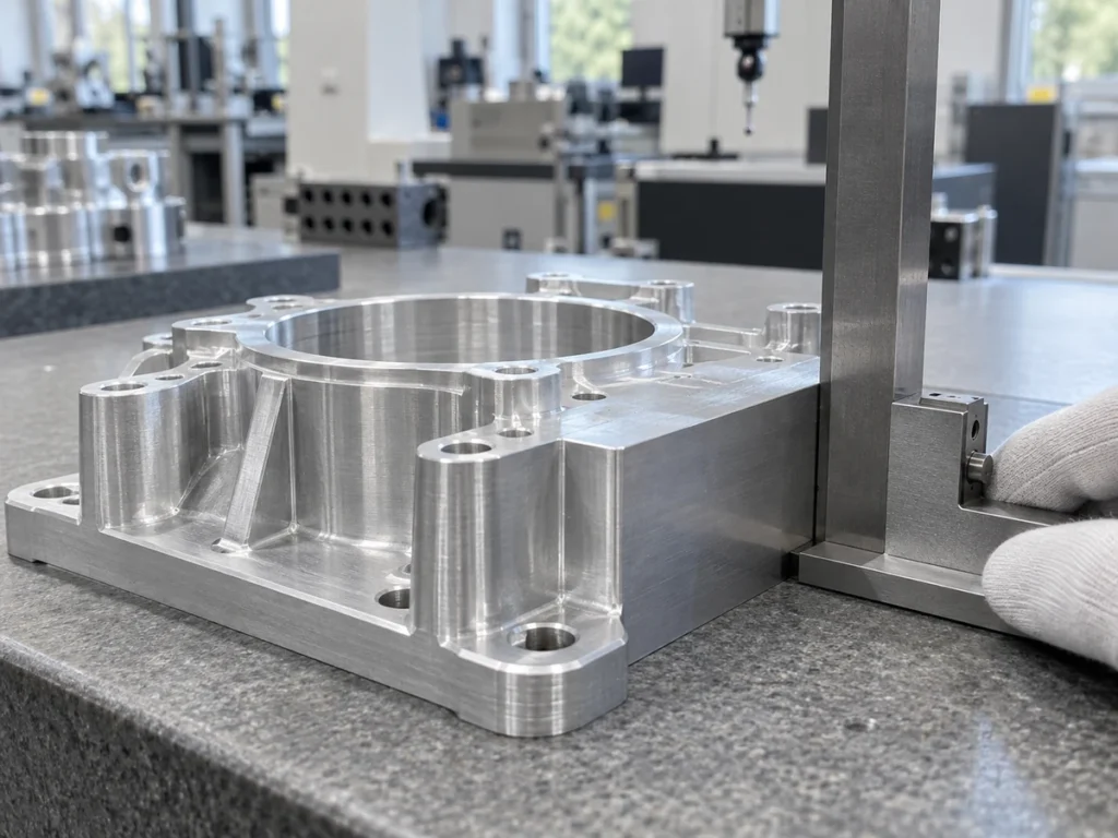 A gloved hand holds a metal square beside a machined aluminum housing with a large circular opening and raised bosses.