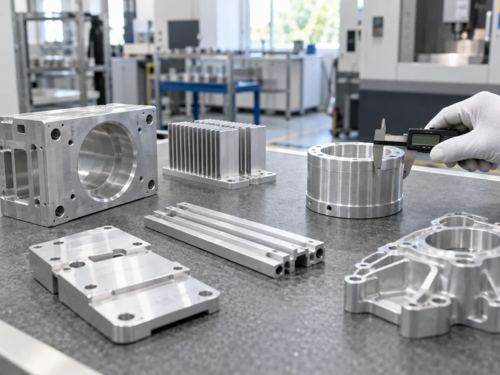 Housing, finned block and cylindrical components on a sample review bench