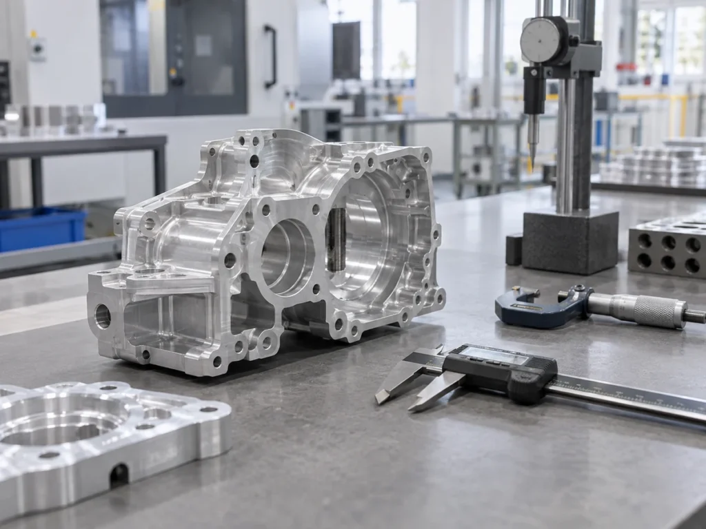 A machined aluminum housing beside a digital caliper, micrometer and vertical dial indicator.