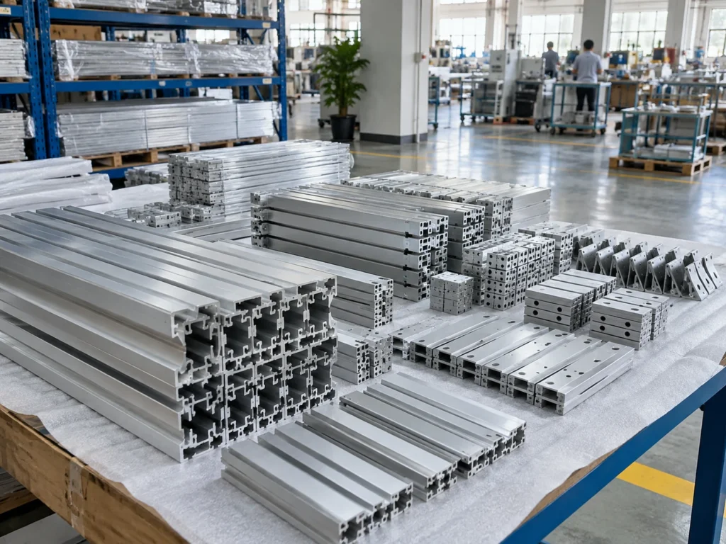 Groups of aluminum extrusions and machined parts on a workbench