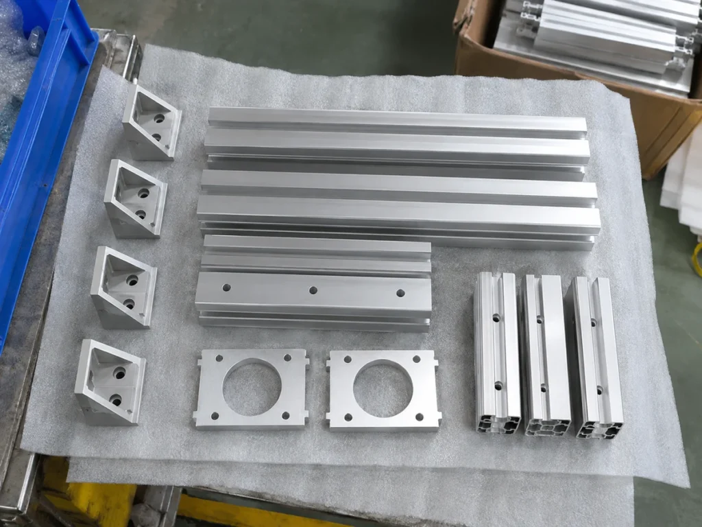 Aluminum profiles, drilled plates and angle brackets separated on a foam sheet for packing.
