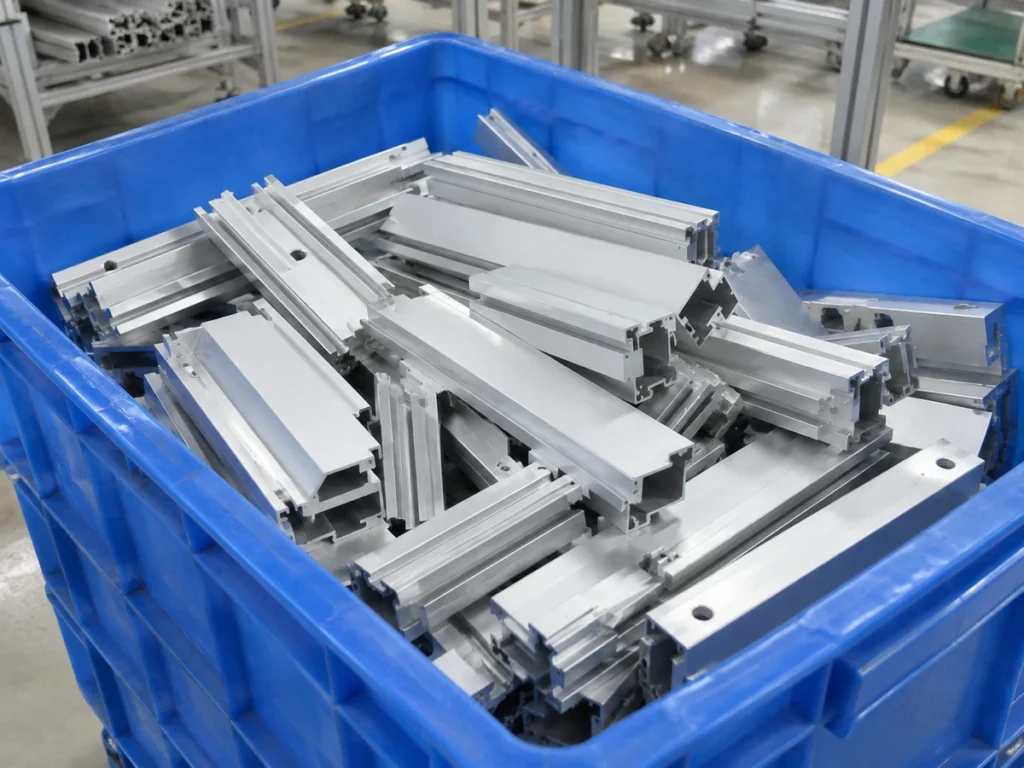Short slotted aluminum profiles and machined members collected in a blue plastic container.