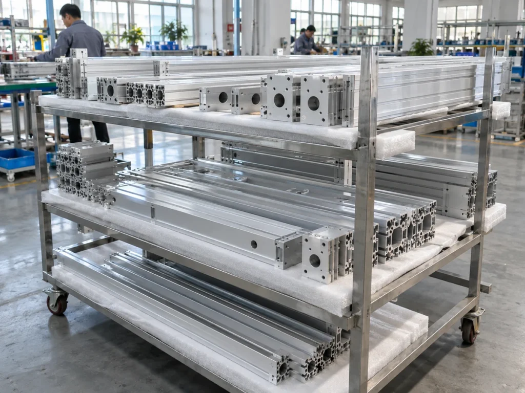 Long aluminum profiles and components with circular openings arranged on a three-level rack with protective foam.