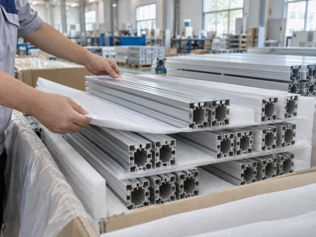 Hands placing protective separators between rows of slotted profiles in a carton