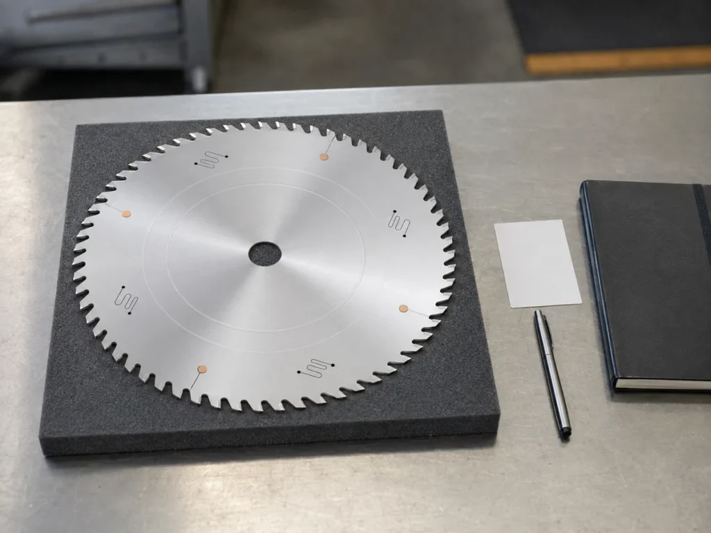 Stationary circular saw blade on a protective foam support beside a blank identification card.
