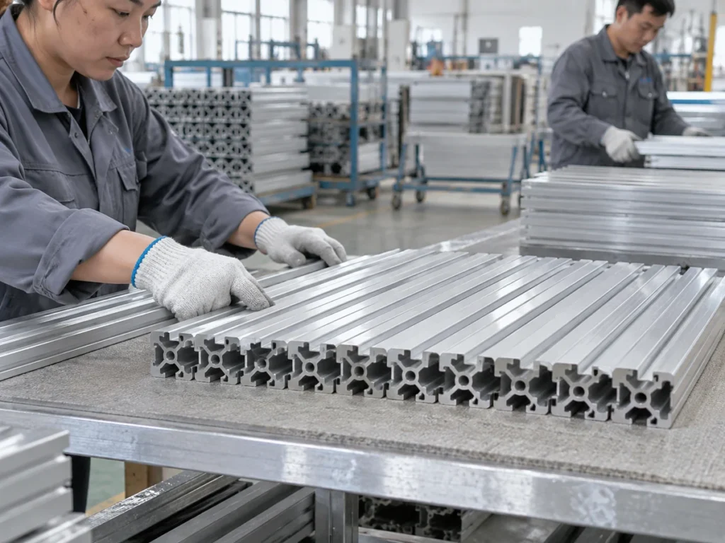 Workers arranging aluminum extrusion members across a workbench