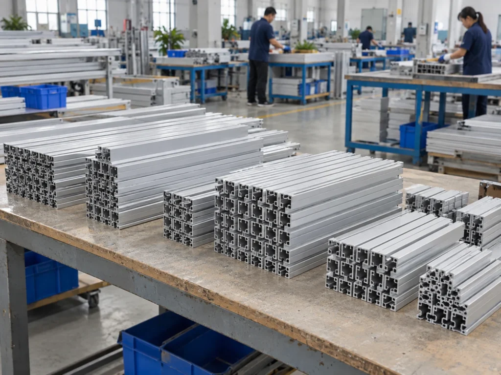 Several groups of aluminum extrusion members arranged on a workbench