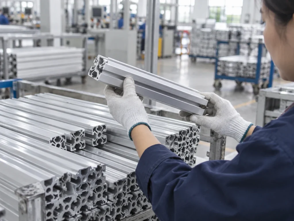 Gloved hands holding a slotted aluminum profile above stacks of similar profile sections.