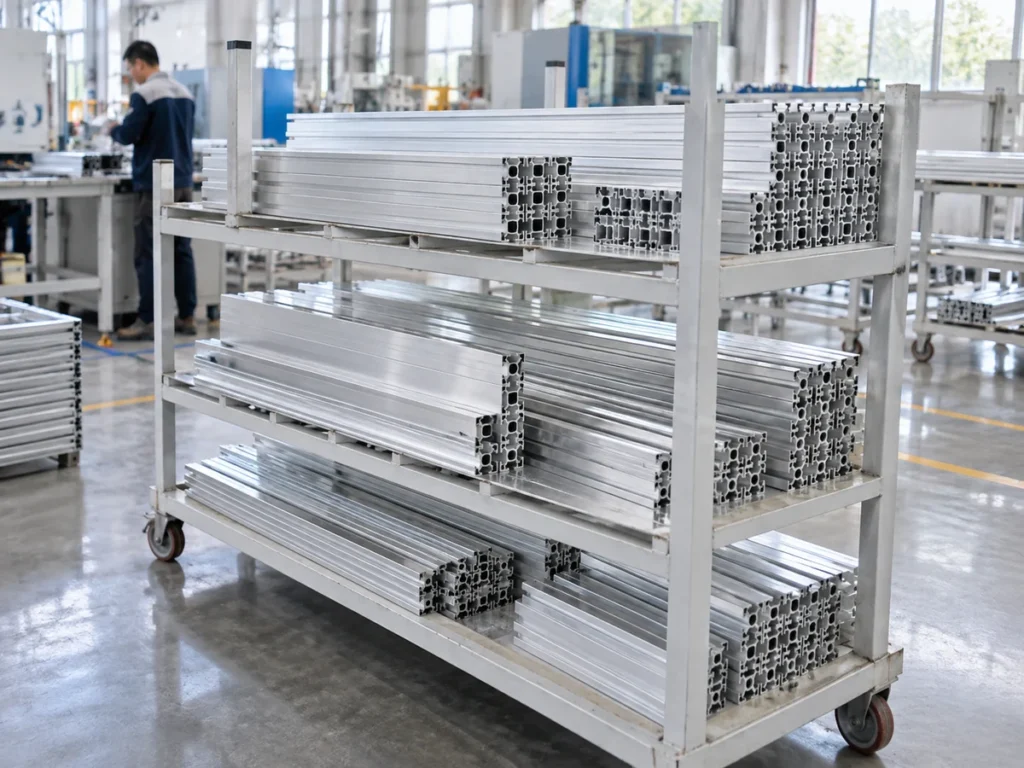 Long slotted aluminum profiles grouped on three levels of a wheeled metal rack in a workshop.