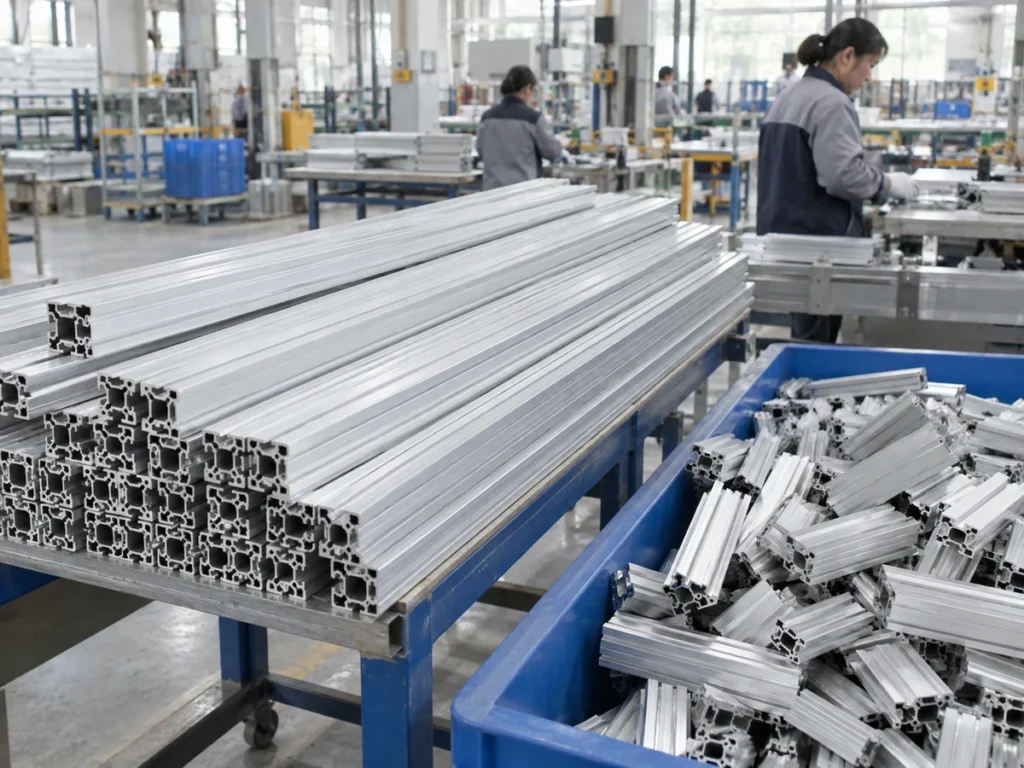 Long aluminum profiles beside a container holding mixed short pieces