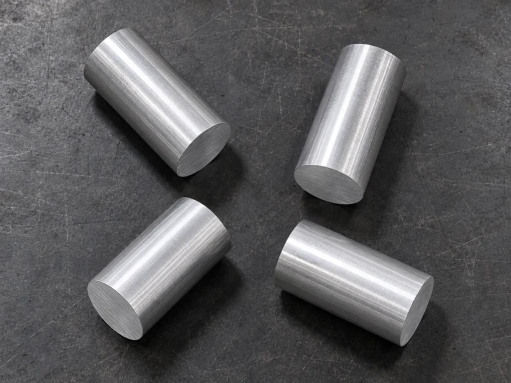 Four short solid round aluminum bars arranged separately on a dark scratched bench, viewed from above.