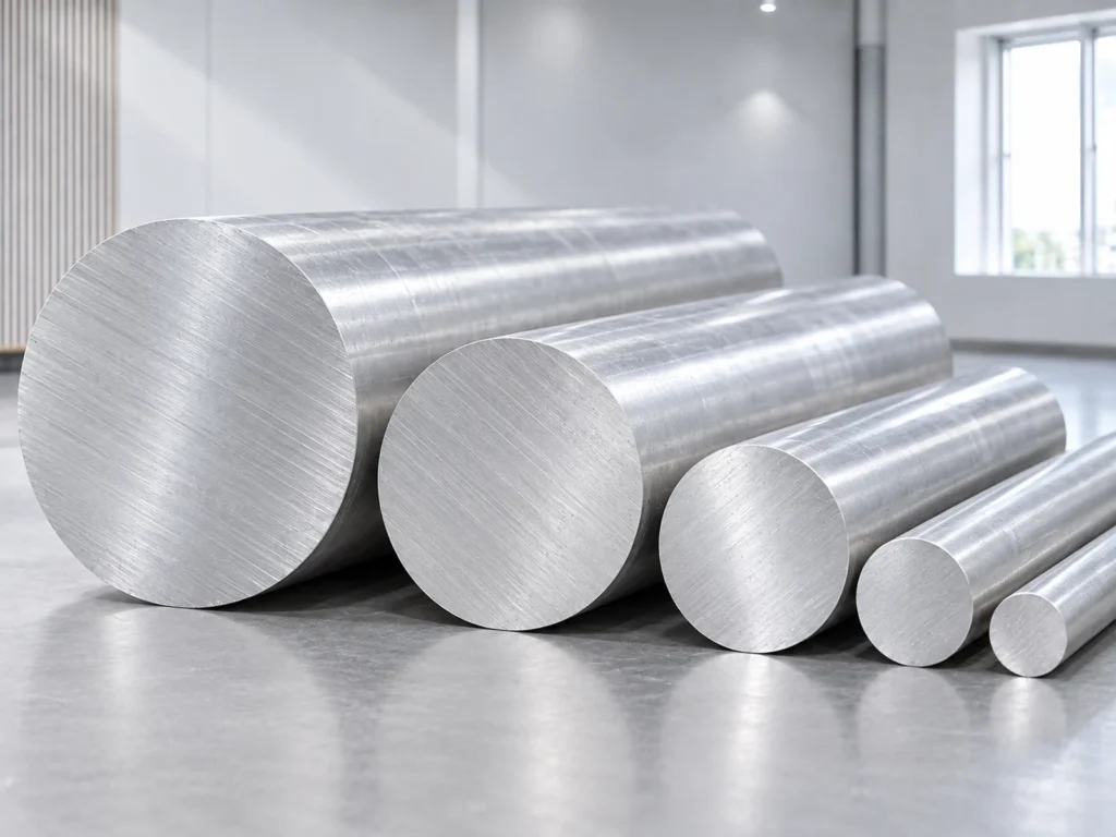 Five solid round aluminum bars arranged by visible diameter on a bench, with their circular ends facing forward.