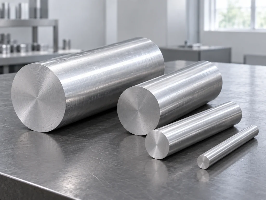 Four solid round aluminum bars of different visible diameters arranged on a metal bench.
