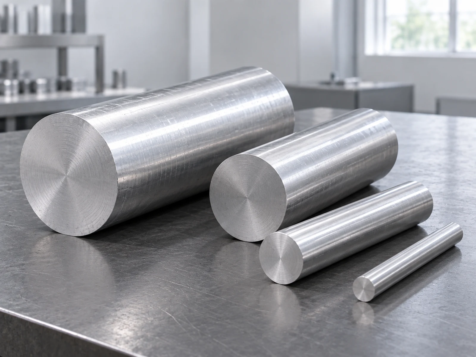 Four solid round aluminum bars illustrating input variation for an aluminum saw for prototype production