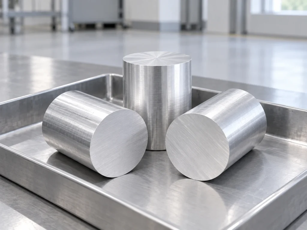 Three short solid aluminum cylinders arranged in a metal tray.