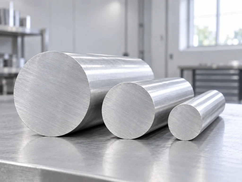 Three solid aluminum round bar ends arranged on a workshop surface.