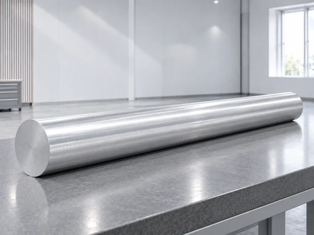 A long solid round aluminum bar lying on a metal bench, with its circular end visible on the left.