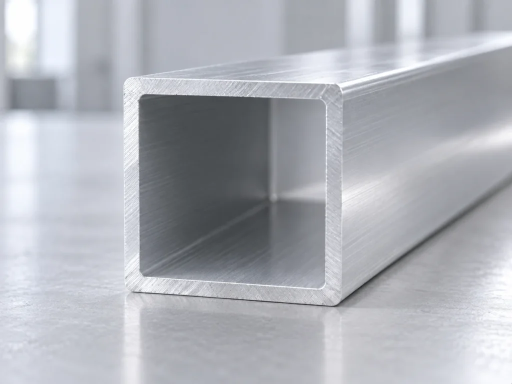 Close view of a hollow square aluminum tube end with visibly rounded inner and outer corners.