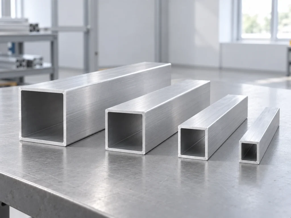 Four square tube sections illustrating profile sizes in a custom aluminum extrusion MOQ review