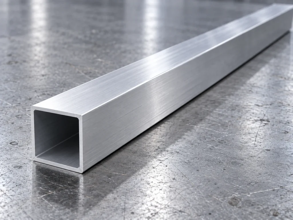 A long square hollow aluminum tube resting diagonally on a scratched metal bench, with its open end facing the viewer.