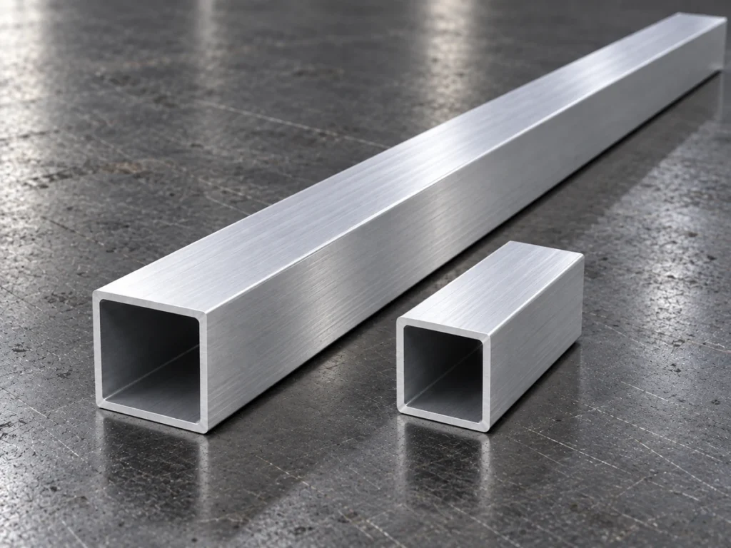 Square hollow aluminum tubes: stock and cut piece.