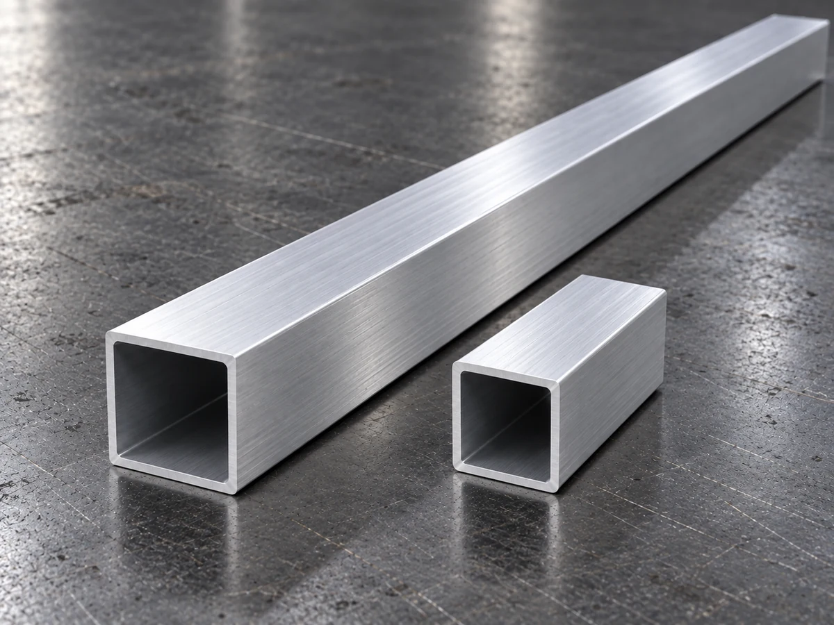 Aluminum cutting kerf planning: a long square aluminum tube beside a shorter tube section