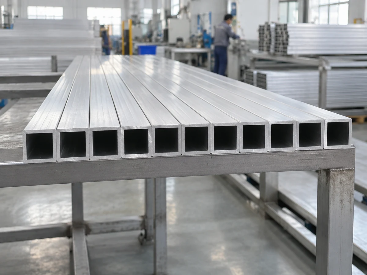 Square aluminum tube ends aligned across a supported group