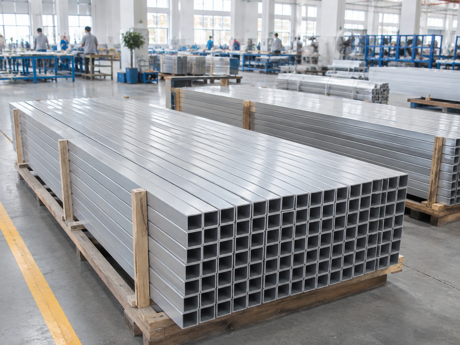 Square aluminum tube lengths arranged in an identified batch on pallets