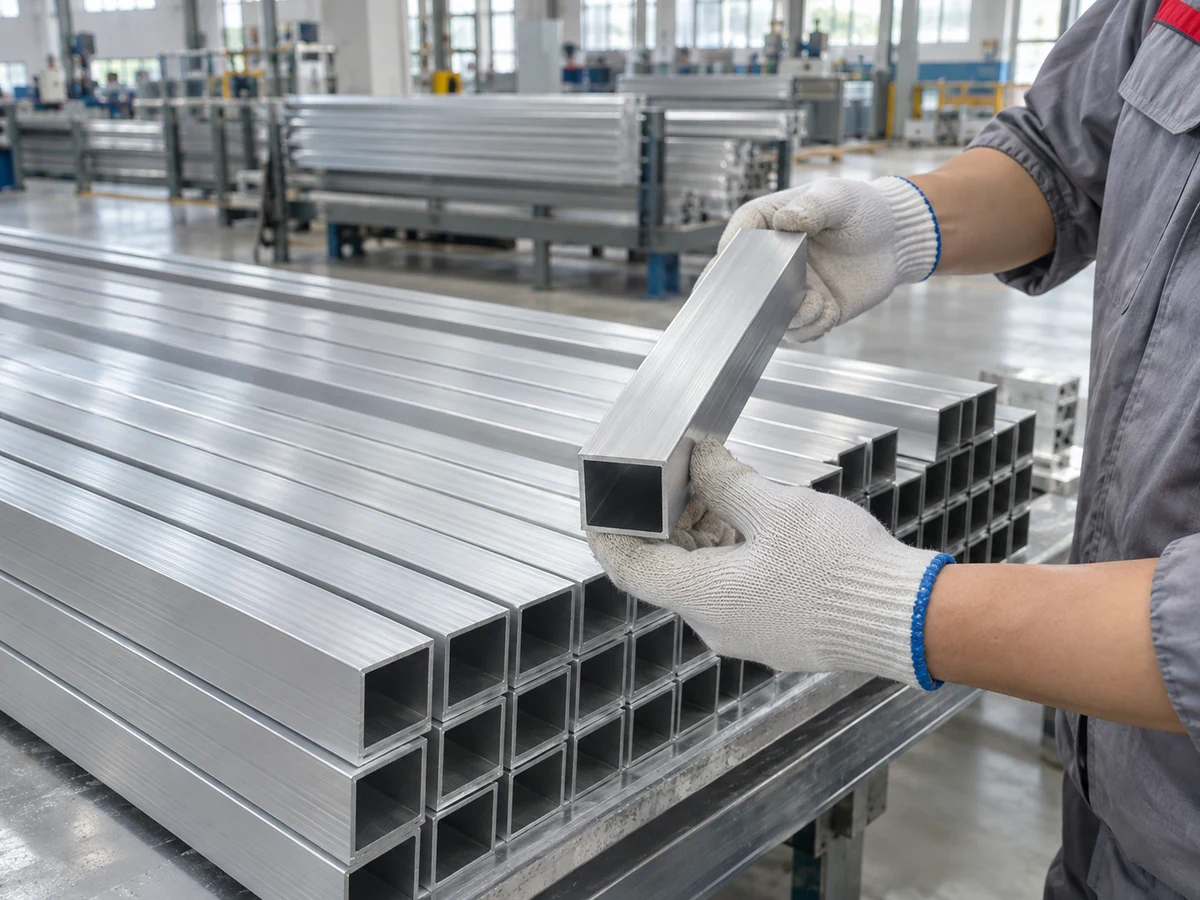 An illustrative square aluminum tube sample held beside a group of similar sections
