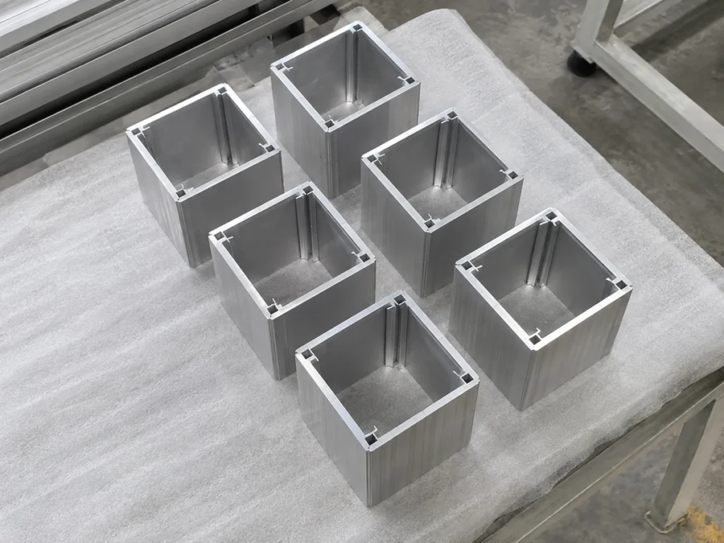 Six short square aluminum profile sections standing on protective white sheet material, with their internal corner channels visible.