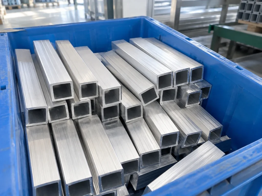 Square hollow aluminum tubes stacked inside a blue plastic container, with open cut ends facing the viewer.