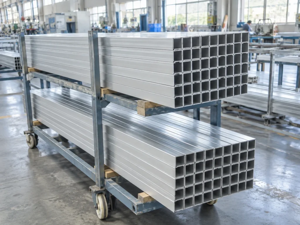 Square aluminum tubes grouped on two levels of a wheeled support rack