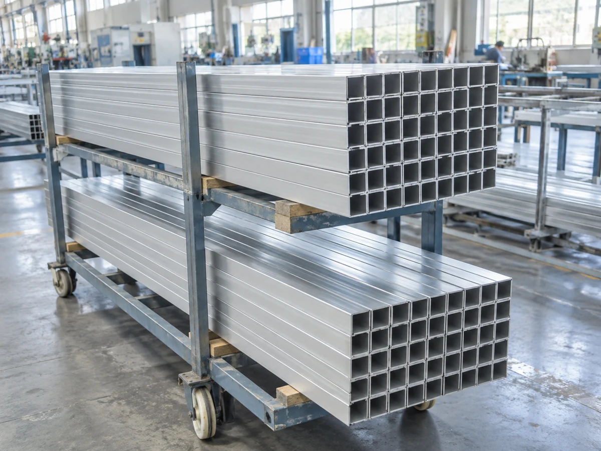 Square aluminum tube lengths staged in two levels on a handling rack