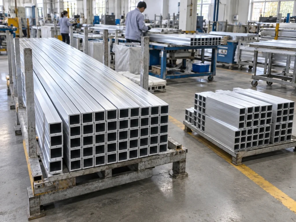 Long and shorter square aluminum tubes arranged in separate groups on workshop racks.