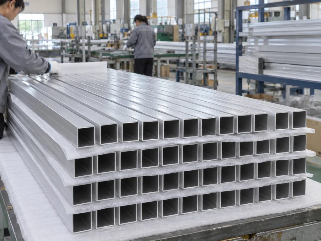 Layers of long square aluminum tubes separated by white protective sheets, with two people working at benches in the background.