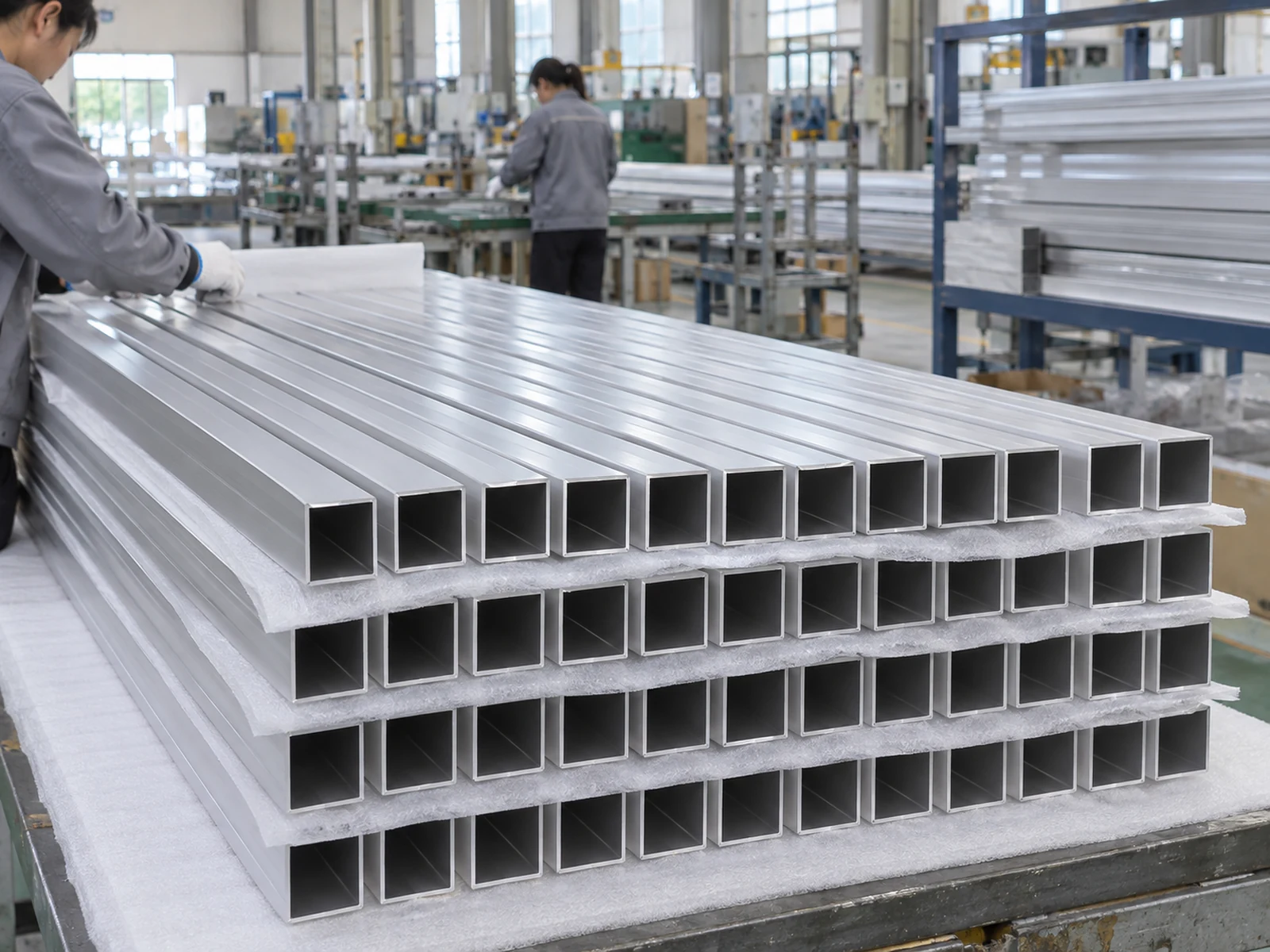 Square aluminum tube lengths separated with protective material during packing preparation