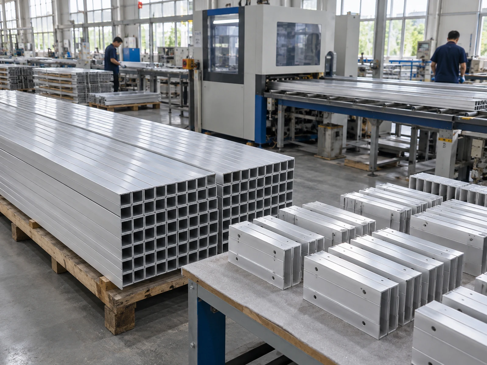 Editorial workshop image of long square tubes and shorter profile pieces