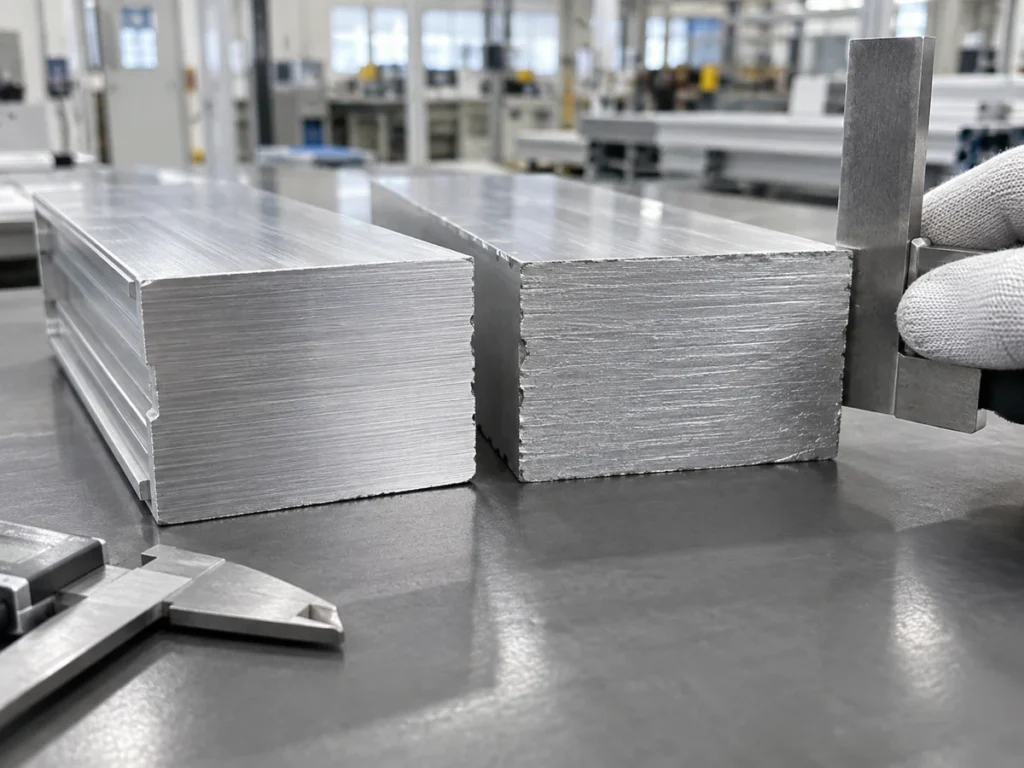 Two aluminum pieces with differently textured end faces on a bench, with a gloved hand holding a metal square beside the right piece.
