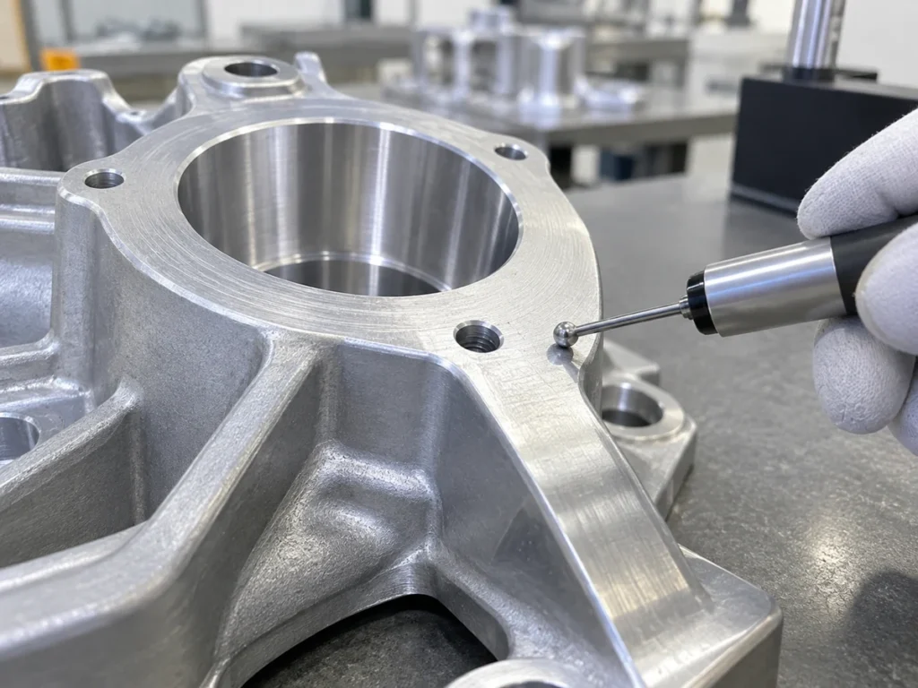 Ribbed metal housing with a smooth central bore and smaller holes