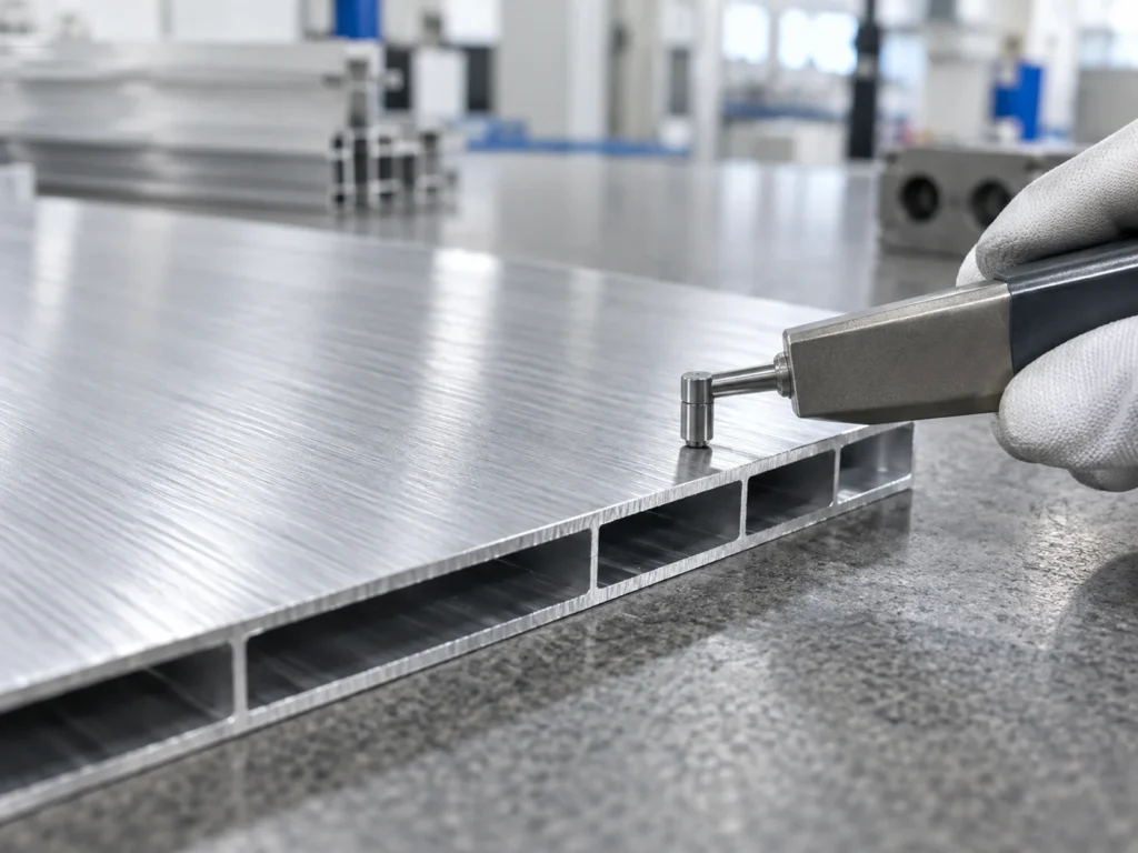 Handheld probe touching the broad face of a hollow aluminum section