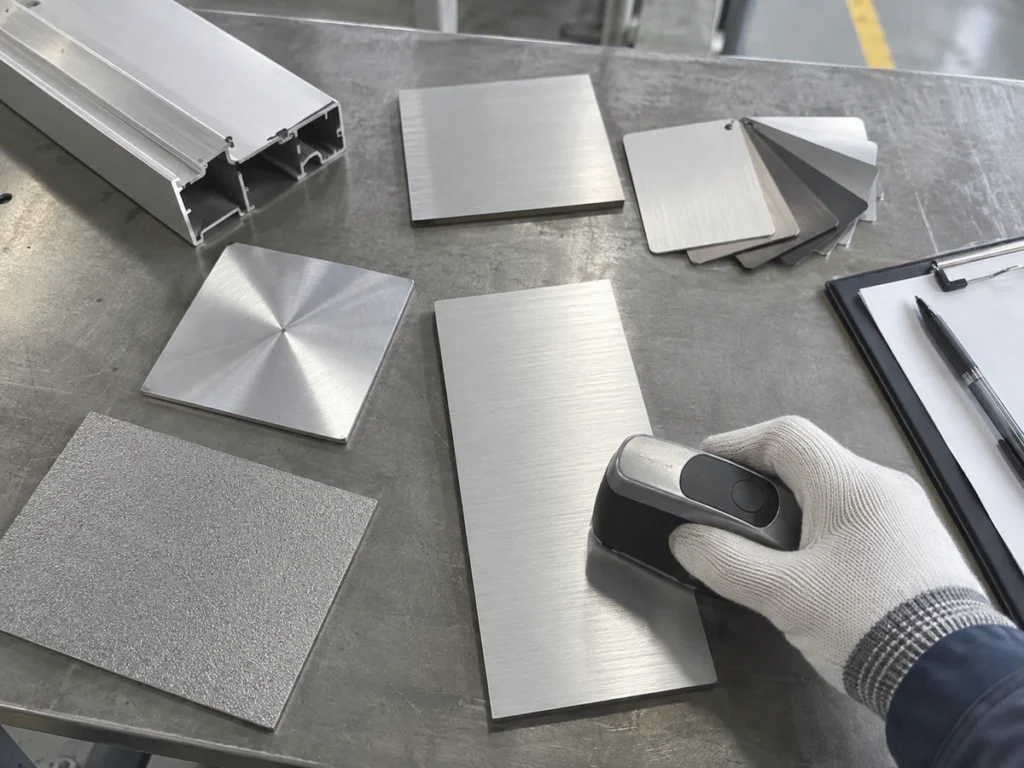 Flat metal panels and a hollow profile beside a probe, gloved hand and clipboard.