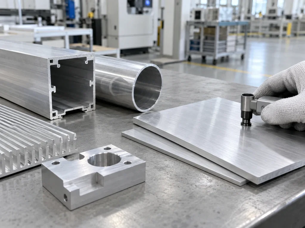 Flat panels, a hollow profile and a handheld probe at an inspection bench