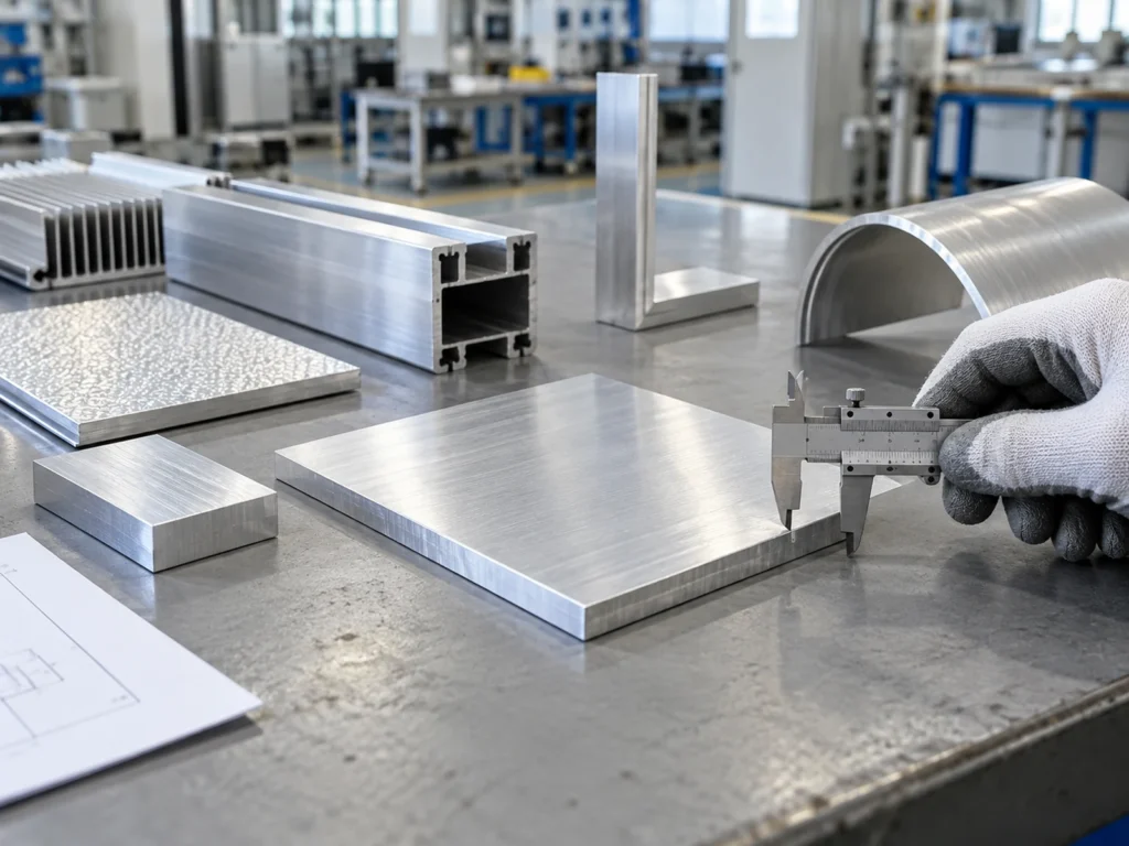 Caliper and assorted aluminum sections arranged on a review bench