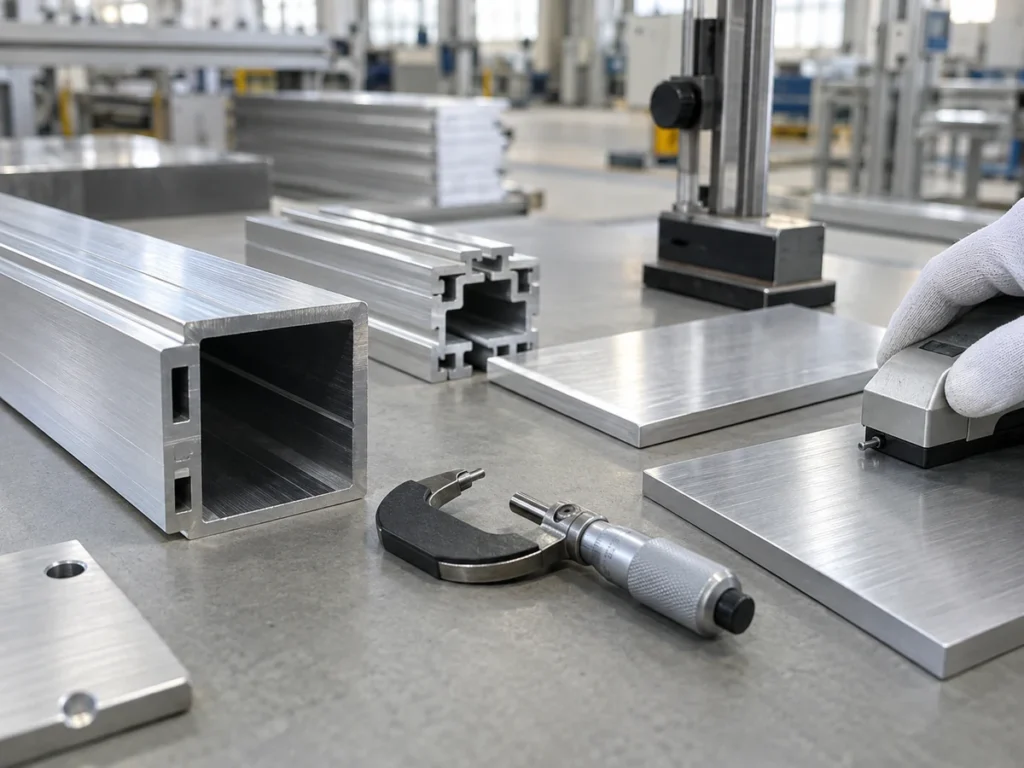 Aluminum plates and hollow profiles beside a micrometer on an inspection bench