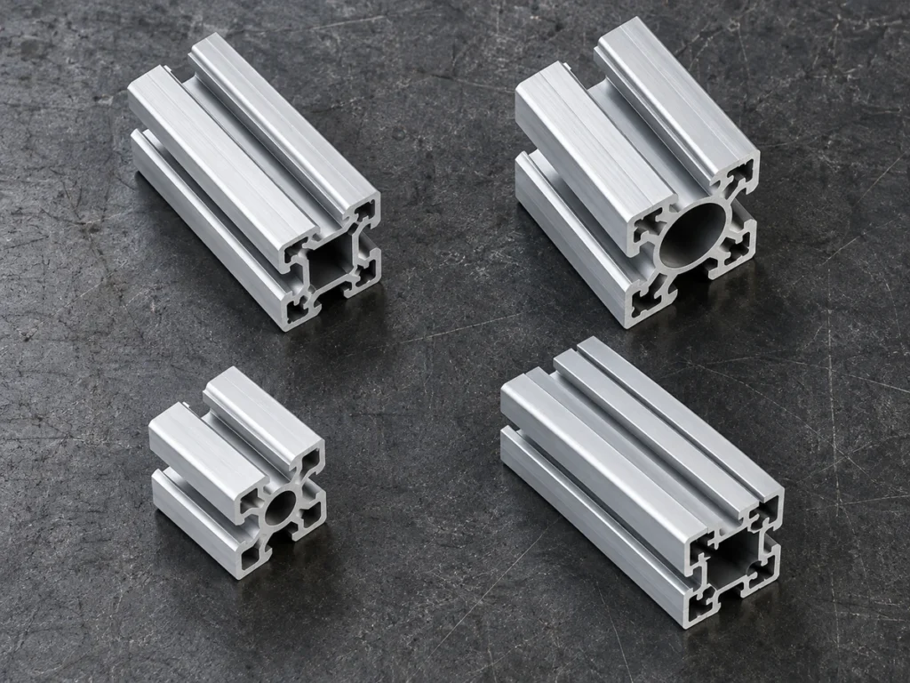 Four aluminum T-slot profile samples with different internal openings